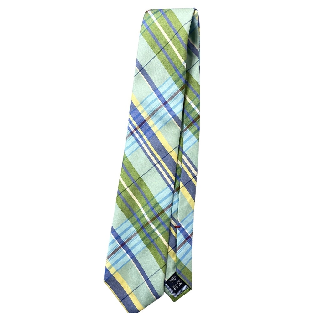 Tommy Hilfiger Tie Mens One Size Green Plaid Classic Woven Cotton Silk Necktie